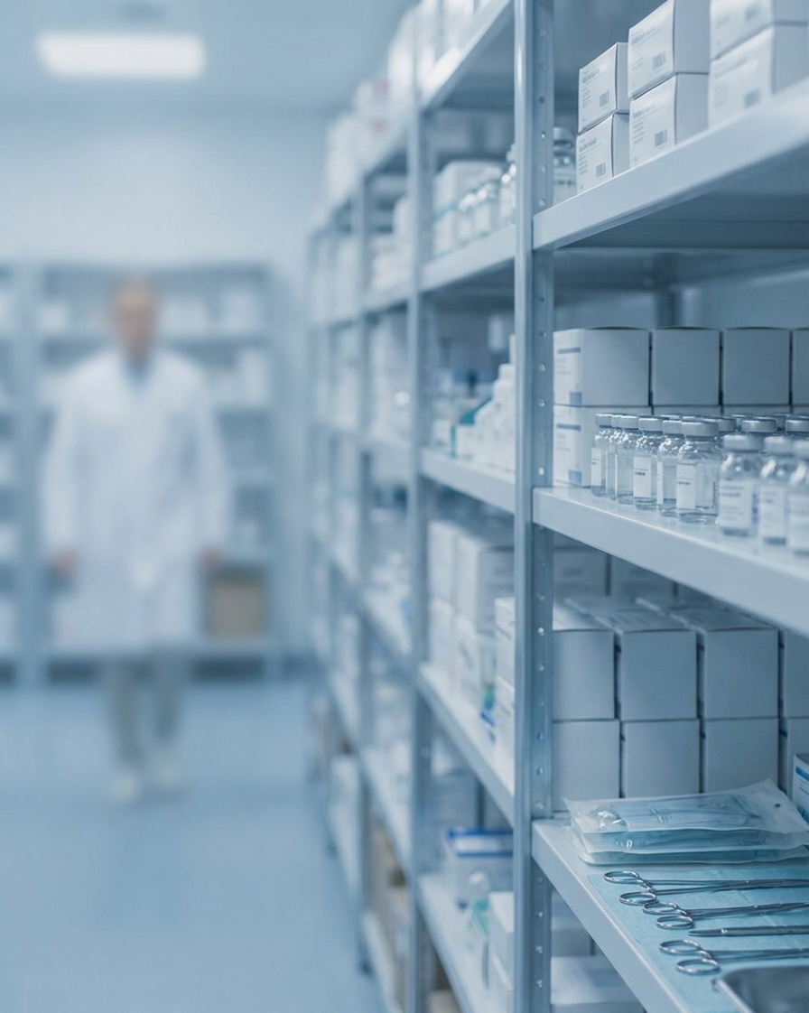 Medical supplies on pharmacy shelves